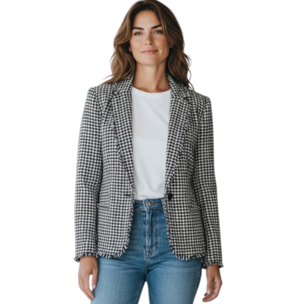 Ann Taylor Petite 14P Black White Houndstooth Fringe Trim One Button Blazer - Picture 14 of 14